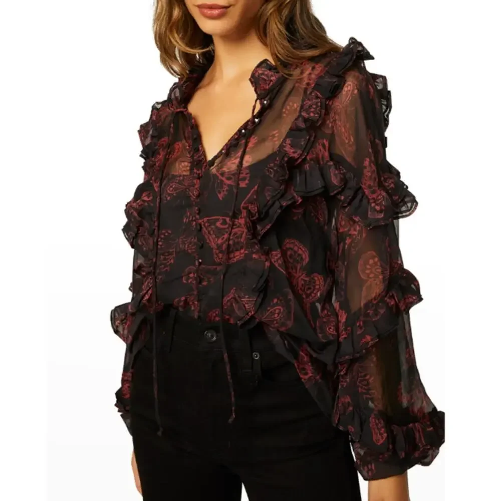 MISA Los Angeles Frida Butterfly Sheer Blouse Ruffle Puffy Sleeves sz XS X-Small - Picture 13 of 13